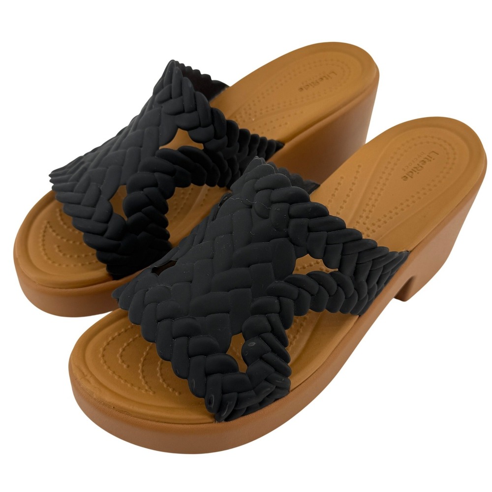 Crocs Brooklyn Woven Slide Block Heels Sandals Black Women 10 Chunky Y2K Comfy